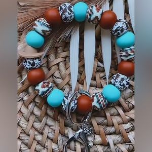 Aztec cow print with turquoise wristlet keychain